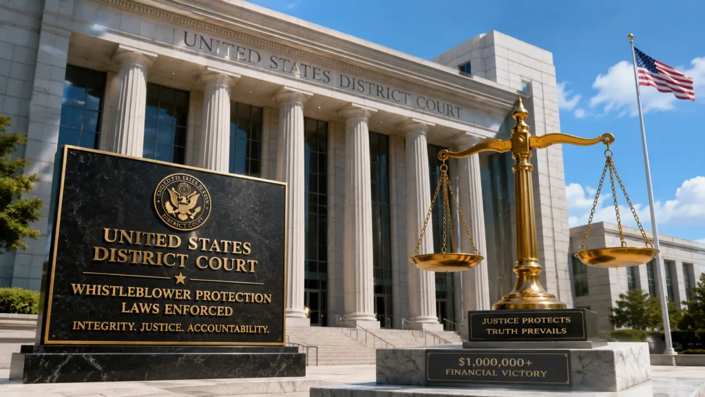 US federal courthouse building representing whistleblower protection laws and corporate fraud rewards. $1 million Whistleblower reward guide .