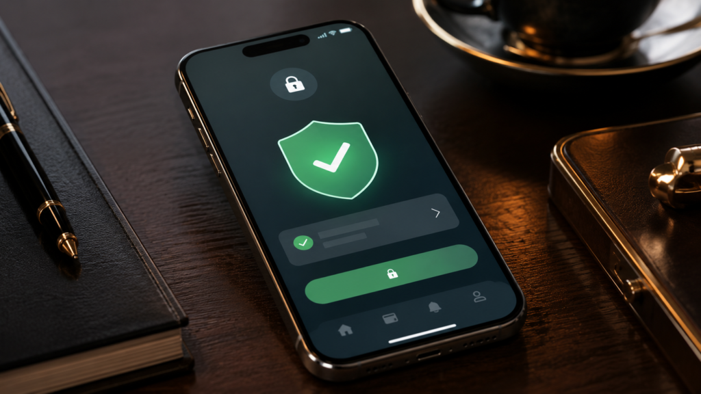 A premium 16:9 cinematic shot of a modern smartphone lying on a polished office desk, displaying a secure payment application with a prominent green shield checkmark icon. Soft luxury studio lighting, dark mahogany background, photorealistic texture, 8k resolution, no raw text. Cash app Settlement Know More.