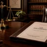 A corporate law desk with a scales icon representing a tax fraud lawyer defense firm.