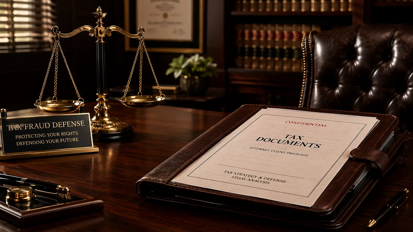 A corporate law desk with a scales icon representing a tax fraud lawyer defense firm.