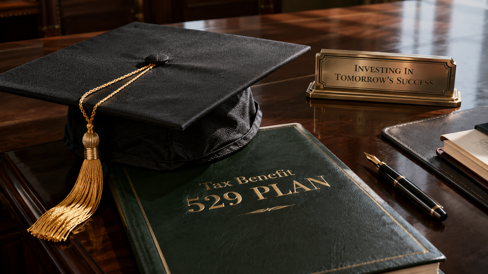 A graduation cap on top of a savings book representing a legal tax benefit 529 plan setup.