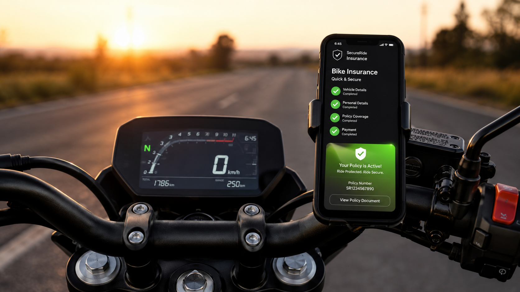 A smartphone mounted on a motorcycle handlebar displaying a successful mobile application screen for claiming vehicle insurance benefits.motorcycle insurance plan.