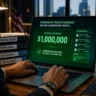 A corporate professional submitting fraud files on a laptop to claim a $1 million whistleblower reward.