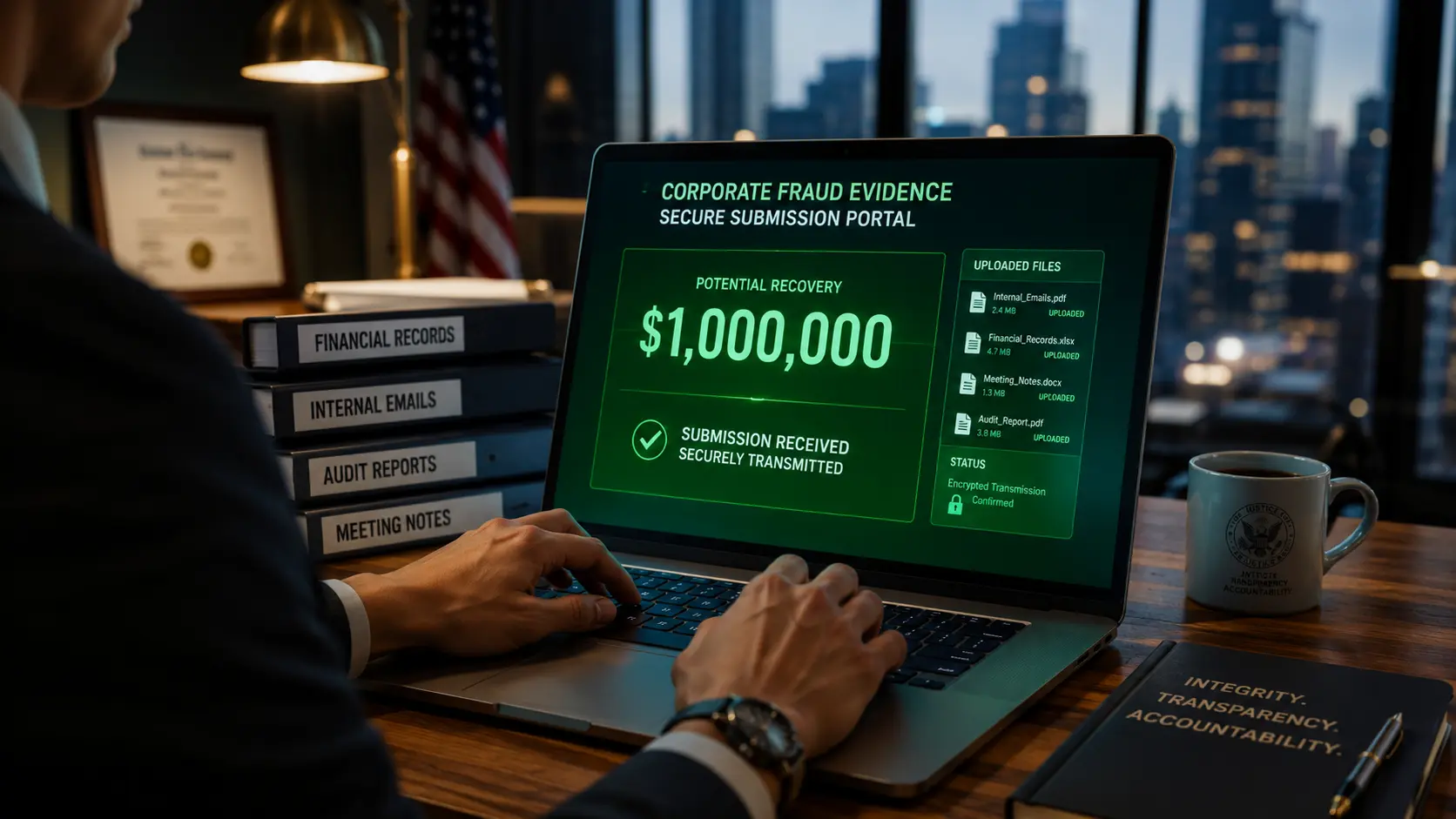 A corporate professional submitting fraud files on a laptop to claim a $1 million whistleblower reward.