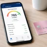 A smartphone screen showing a credit score tracking app next to a payment card.