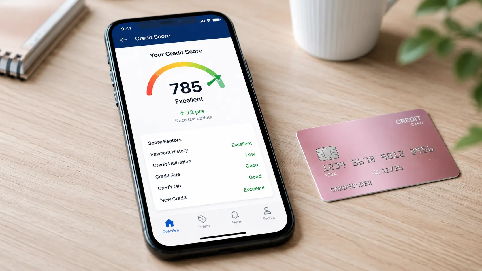 A smartphone screen showing a credit score tracking app next to a payment card.