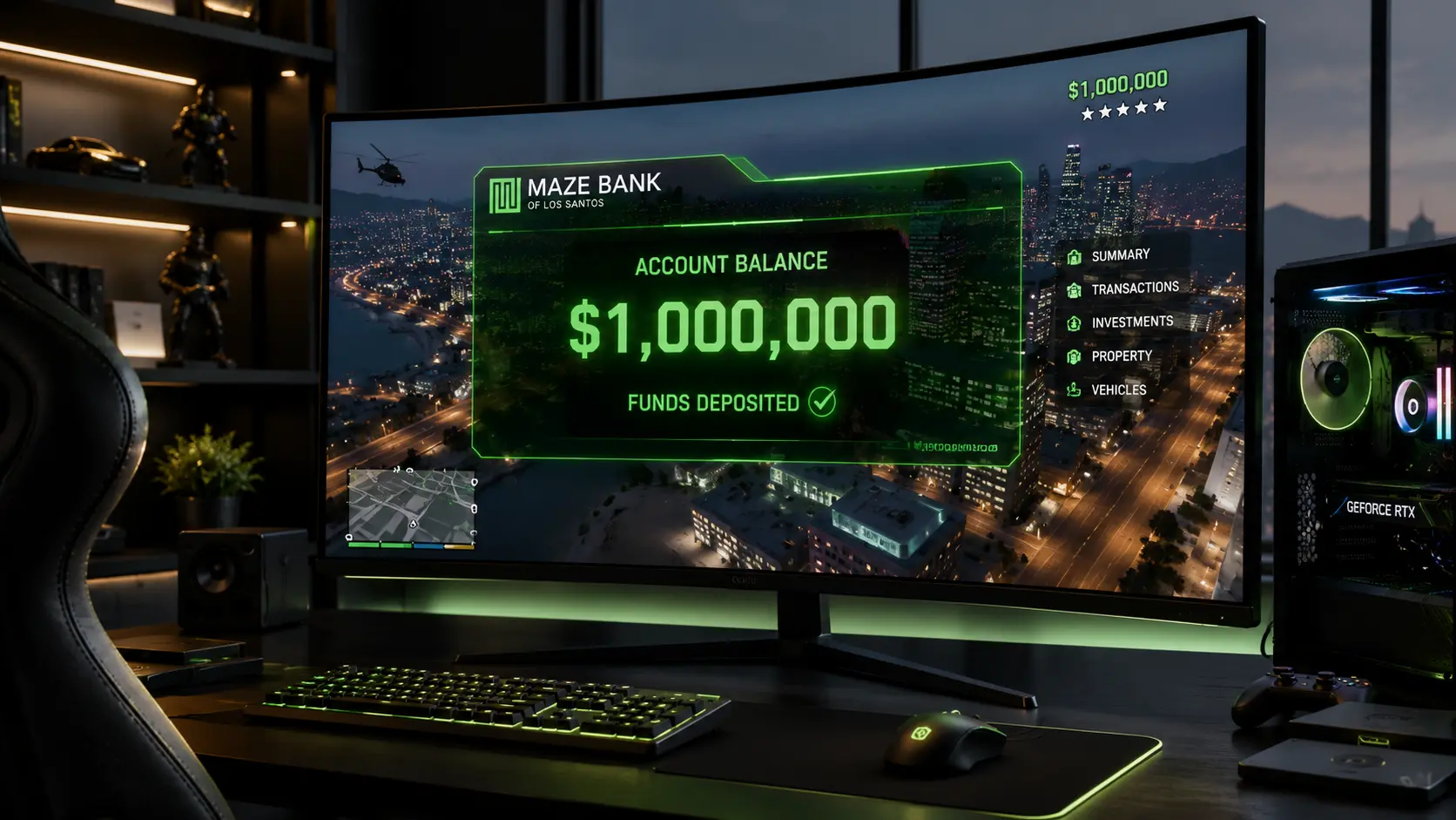 A premium gaming screen showcasing virtual currency tracking and asset management dashboard.