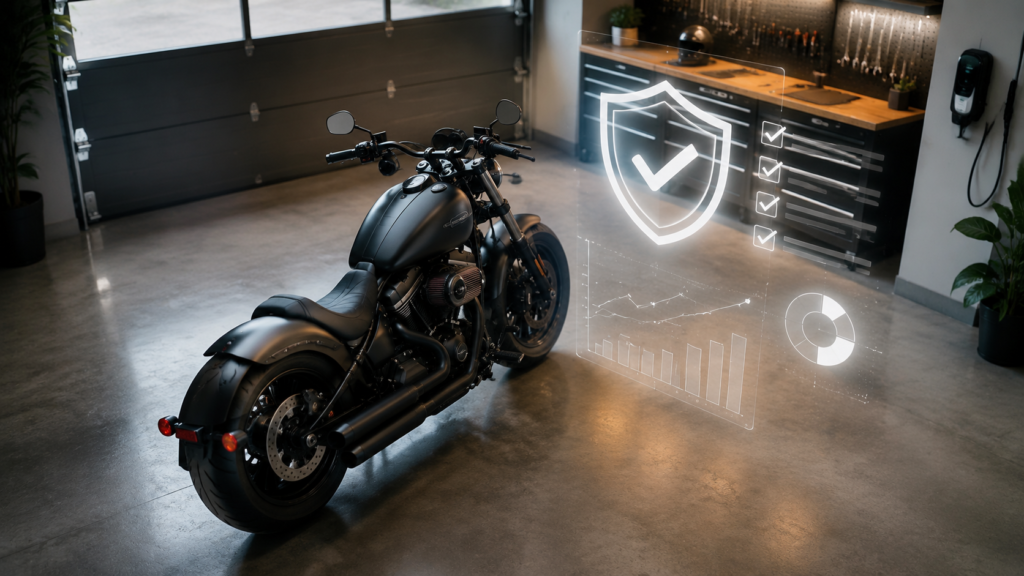 A premium cruiser motorcycle parked in a secure garage with an abstract digital safety shield overlay representing a motorcycle insurance plan. insurance for a motorcycle safety guide