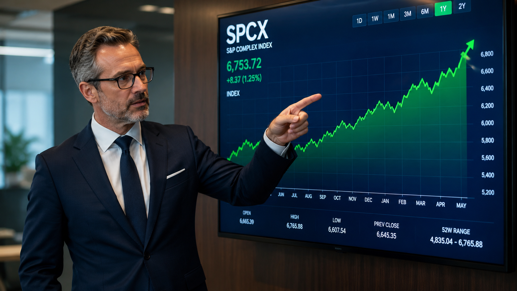 An expert market analyst giving a lecture to retail traders on how to invest in spacex assets during the fiscal season.
