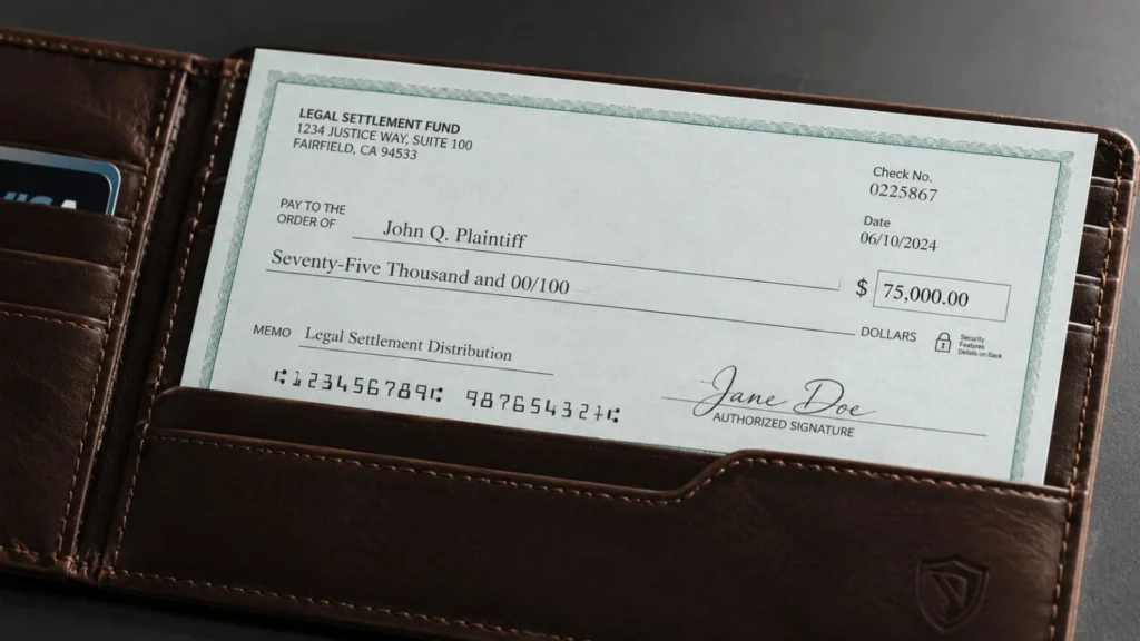 Close-up of a payout distribution check illustrating navy federal class action settlement guidelines. Navy Federal Efta Settlement 