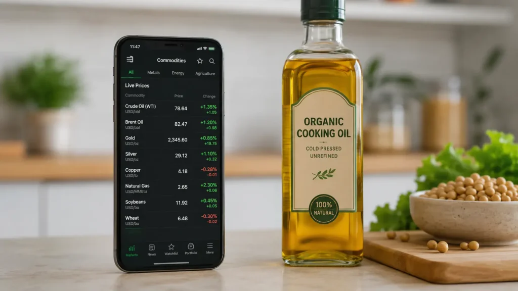 Mobile screen tracking why crude oil prices are falling and analyzing why cooking oil prices are rising in india data.