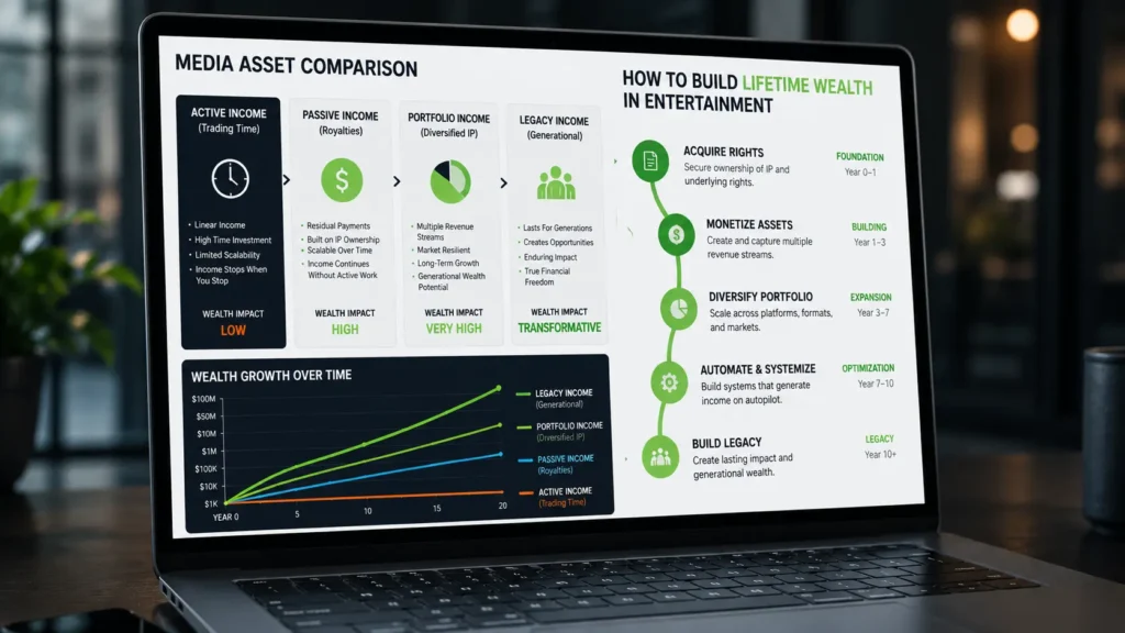 A laptop screen detailing strategic financial metrics for the best media business investments. The Joe Rogan Net Worth 