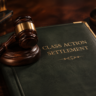 A legal gavel resting on top of settlement documents representing a Home Depot damage protection class action lawsuit filing.