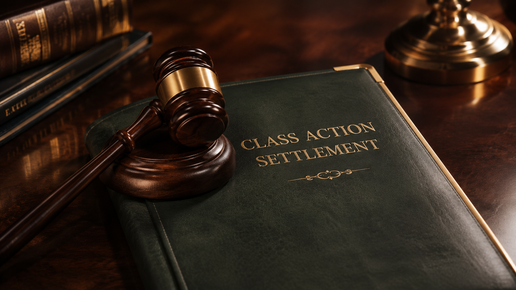 A legal gavel resting on top of settlement documents representing a Home Depot damage protection class action lawsuit filing.