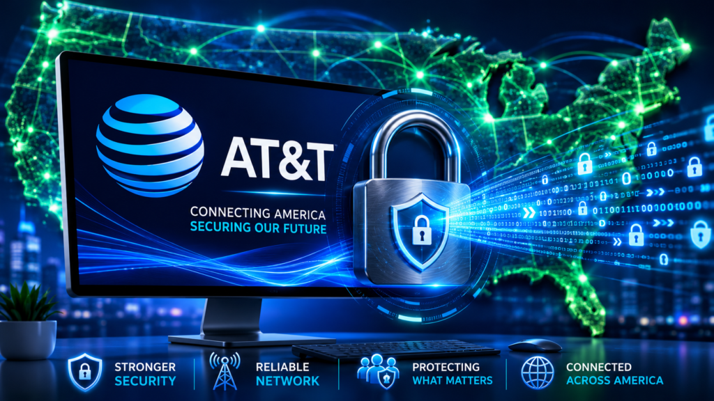 AT&T data breach settlement security and data protection concept featuring a digital padlock and network connectivity map.