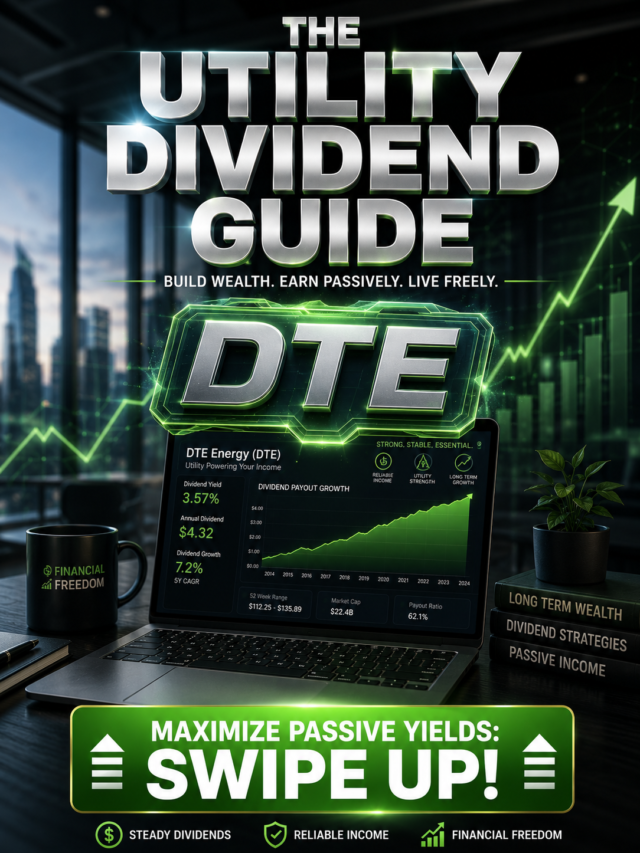 High-contrast ultra-attractive 3:4 webstory poster guide showing financial market insights and dividend tracking for DTE Energy.