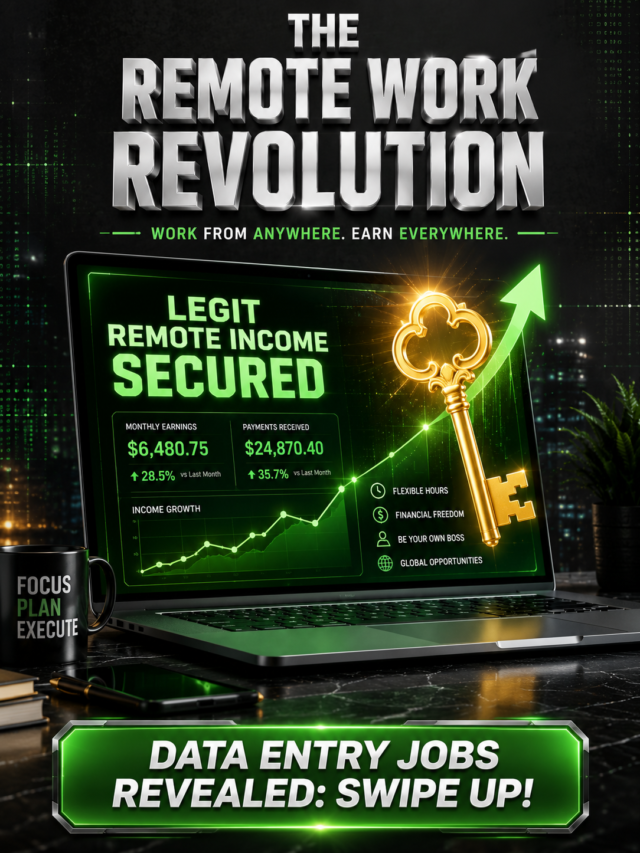 High-contrast ultra-attractive 3:4 webstory poster guide showing how to find and secure legit data entry remote jobs safely from home.