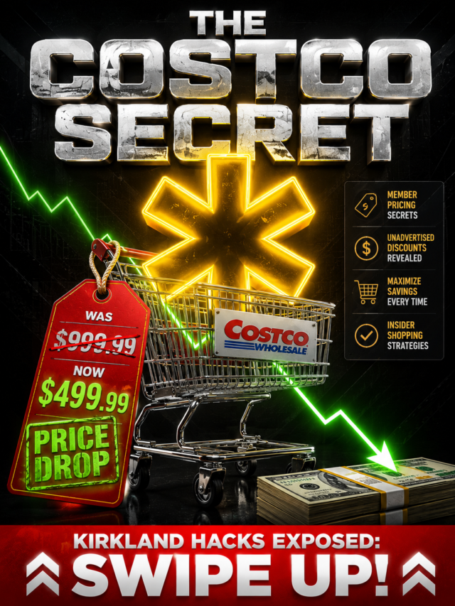 High-contrast 3:4 webstory poster guide showing how to save money on Costco Kirkland product price drops using secret store hacks.