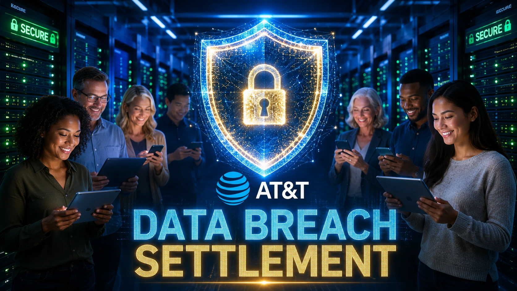 A digital illustration symbolizing data security and the AT&T data breach settlement.