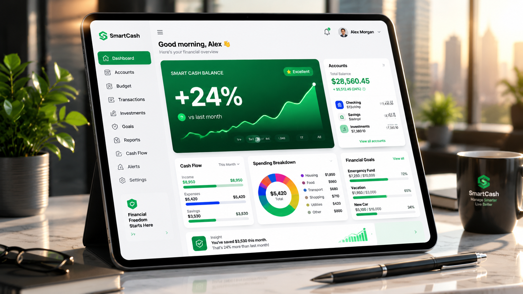 A modern tablet interface highlighting smart cash management data tracks and liquid asset growth.