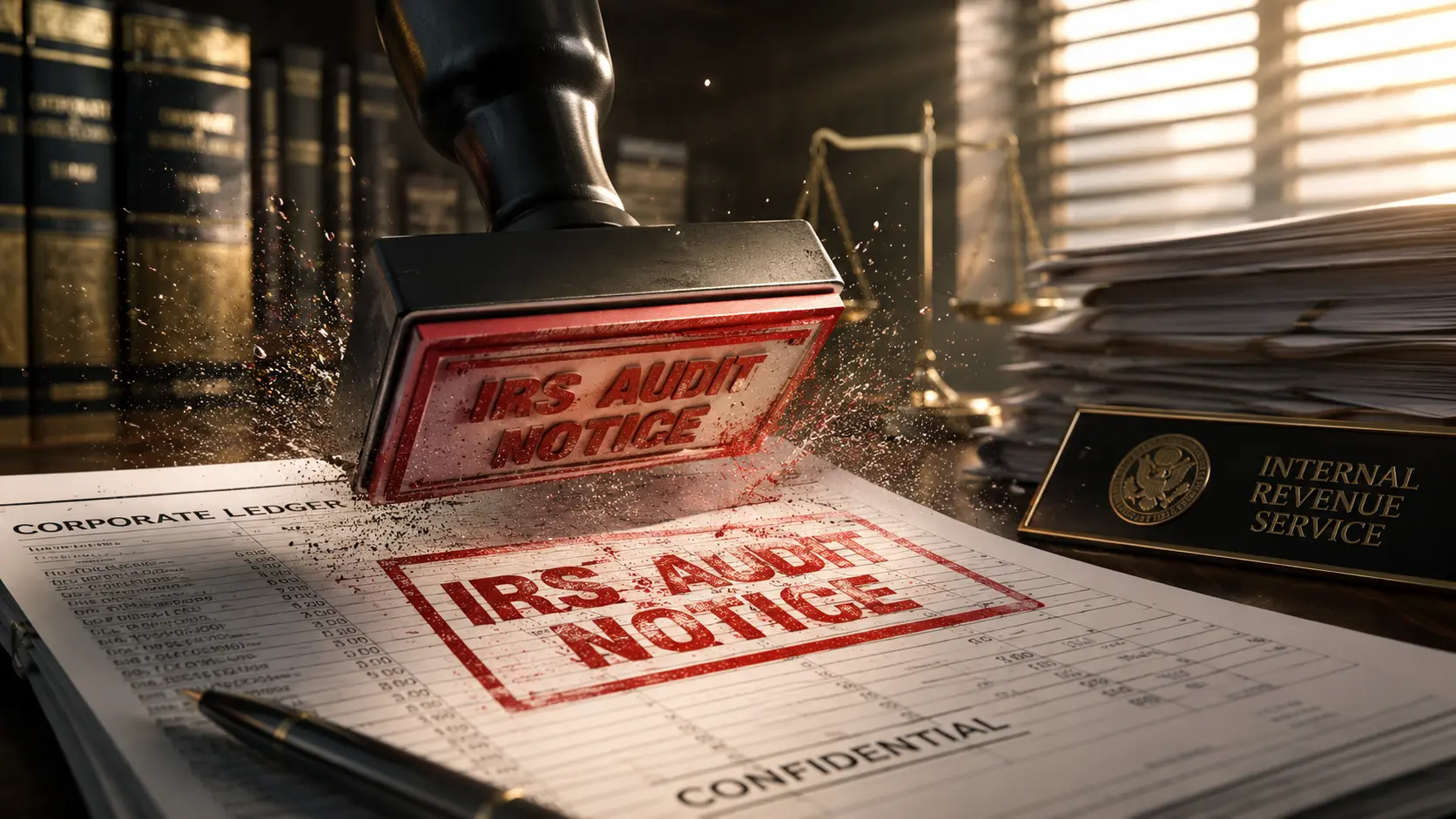 A dramatic red IRS audit warning stamp on business financial papers during urgent ERC Audits.
