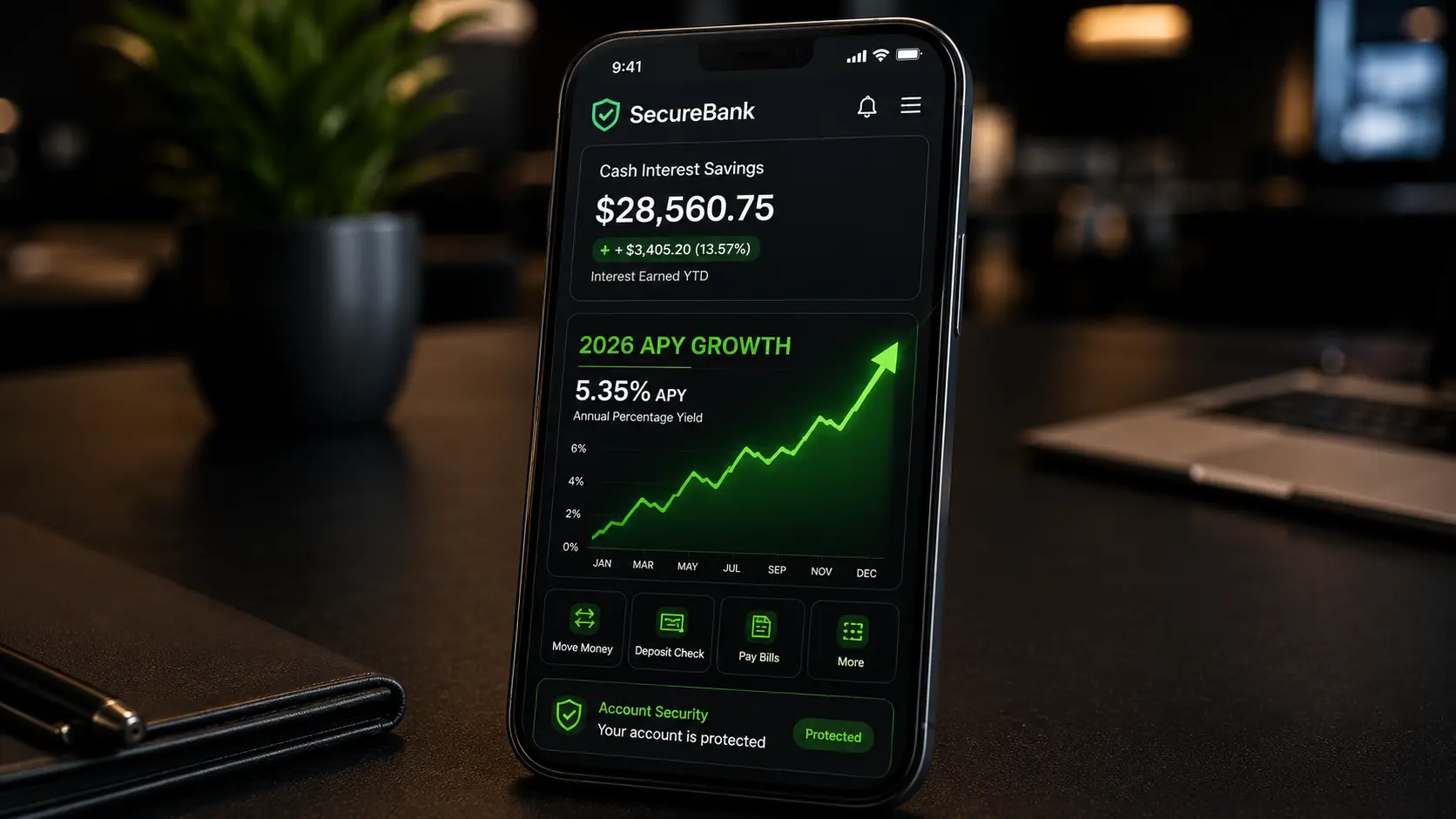 A high-end smartphone tracking top digital banking options and interest growth.