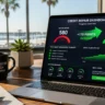 A laptop showing successful credit repair huntington beach dashboard growth charts near a sunny window.