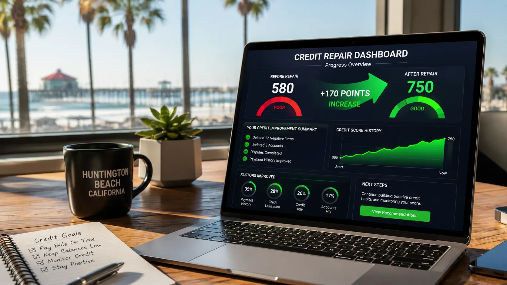 A laptop showing successful credit repair huntington beach dashboard growth charts near a sunny window.