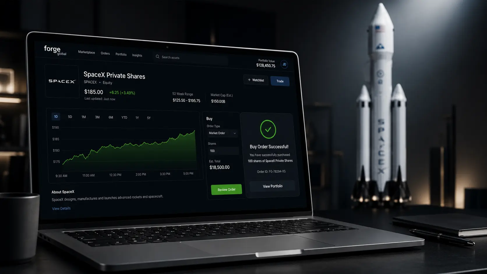 A laptop showing a successful transaction dashboard for forge global spacex stock allocation options.
