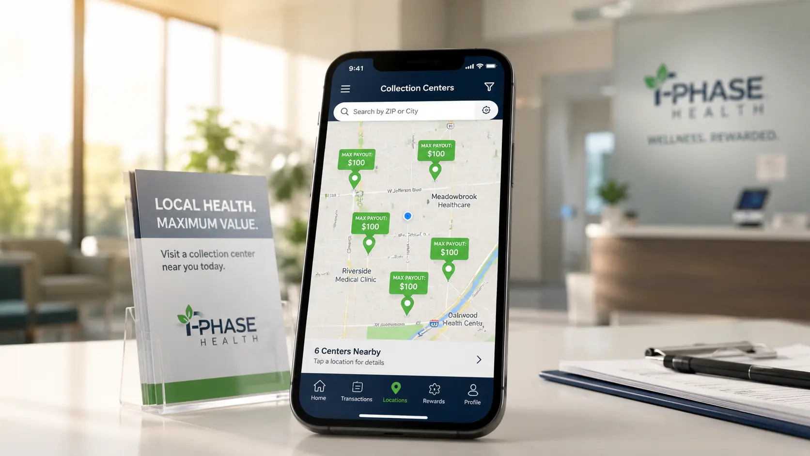 A smartphone showing a map of the highest paying plasma donation centers with maximum reward values.
