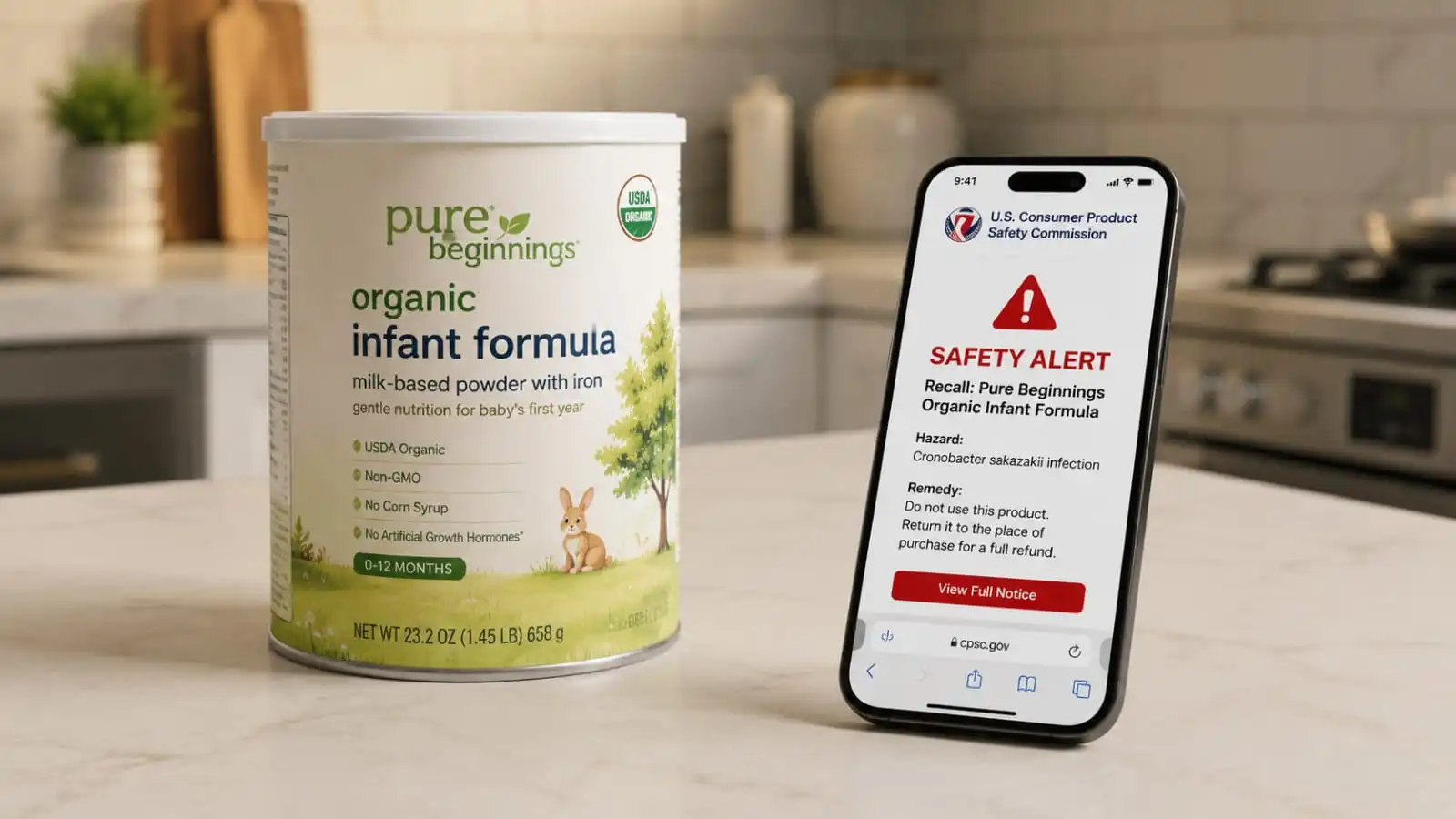 A smartphone showing safety alert data regarding the nara organics infant formula recall 2026 details.