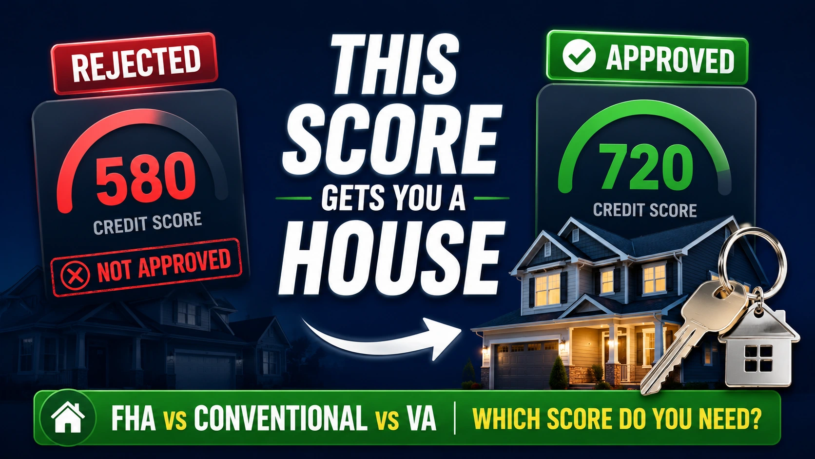 Navy blue YouTube thumbnail showing rejected 580 credit score turning into approved 720 score with golden house key for mortgage buyers 2026