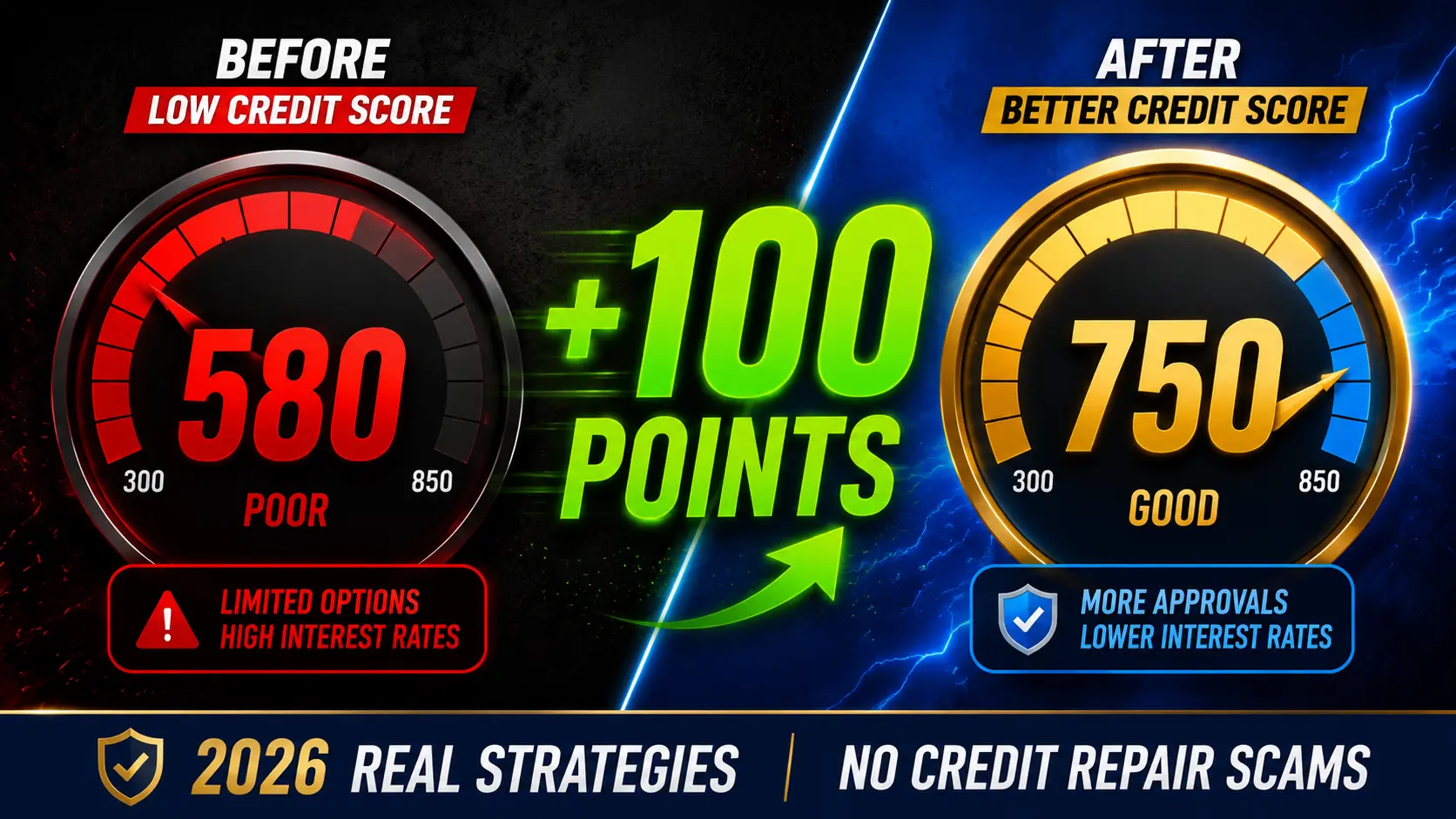 Split screen YouTube thumbnail showing credit score improving from 580 to 750 in 30 days with electric blue background and neon green plus 100 points text