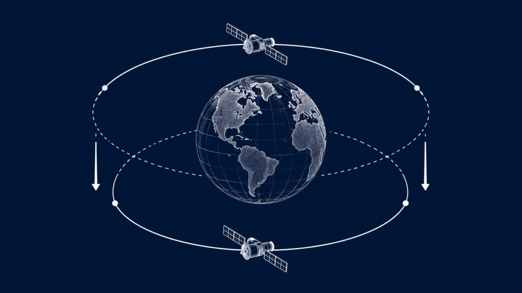 Diagram showing the lower orbit shift behind SpaceX's 2026 Starlink satellite deorbit plan.