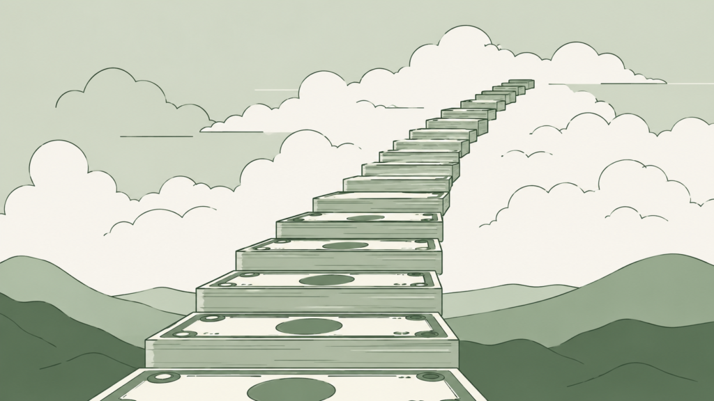 Staircase of dollar bills illustrating the growth of Berkshire's record cash reserves.