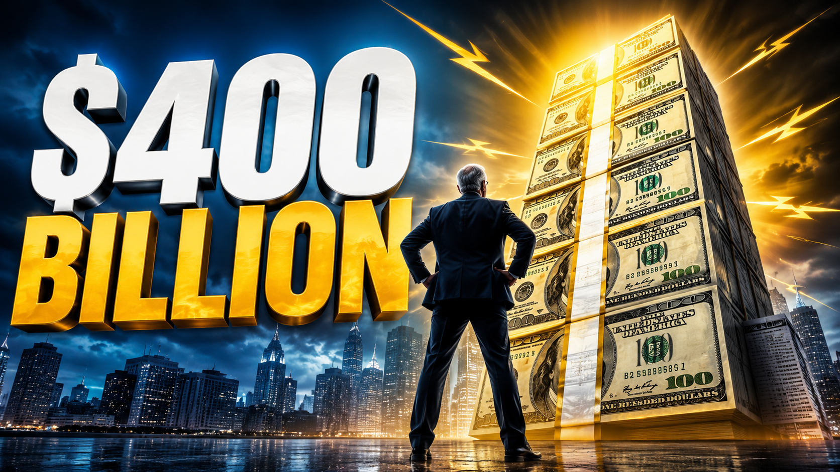 Finance thumbnail illustrating the Warren Buffett cash pile $400B milestone with a skyscraper-sized stack of cash.