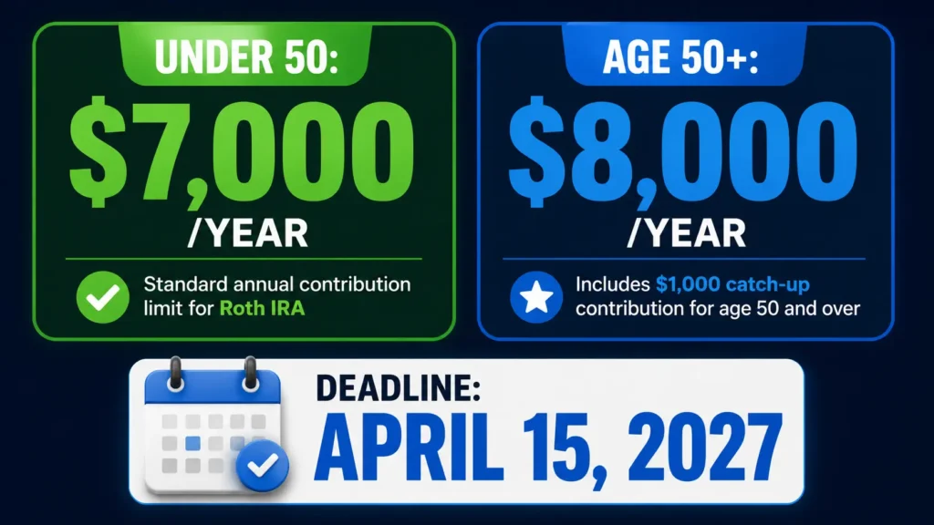 Roth IRA for beginners 2026 contribution limits — $7,000 under 50 and $8,000 age 50 and older infographic