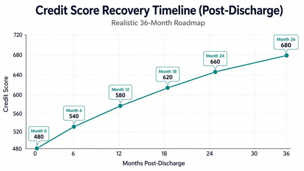 How to improve credit score after bankruptcy — 36-month recovery timeline chart showing score rising from 520 to 700 with active rebuilding steps