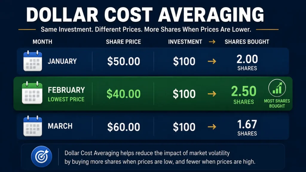 Alt Text: What is dollar cost averaging and how does it work — color-coded three-month table showing January February March share prices with February highlighted green for most shares bought at lowest price