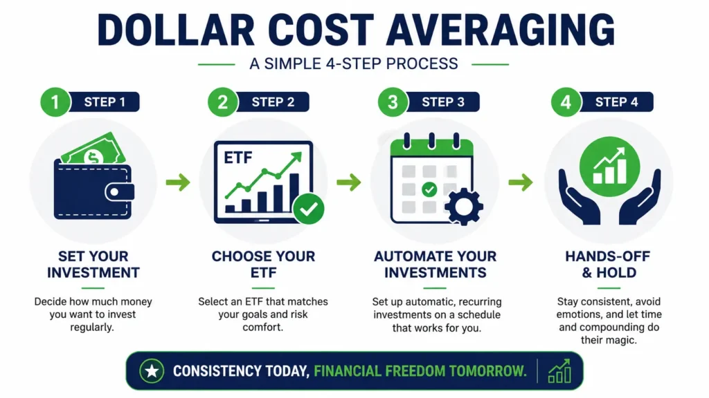 Horizontal four-step infographic showing wallet icon choose amount then ETF chart icon pick fund then calendar automation icon then hands-off hold icon in navy and green colors
