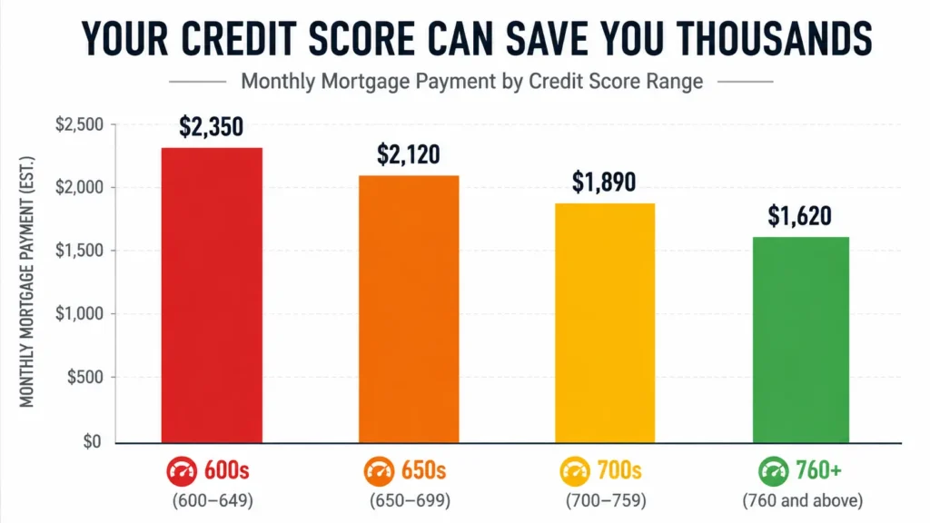 How to improve your credit score in 30 days — bar chart showing mortgage payment differences across credit score ranges from 600 to 850 in 2026