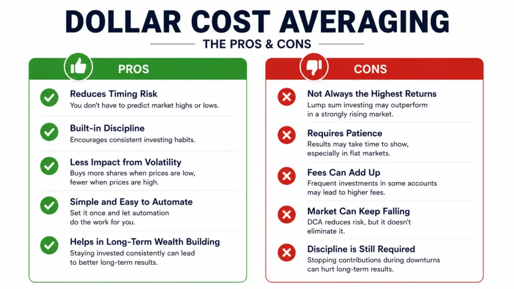 Two-column pros and cons infographic with green checkmarks on left side benefits column and red X marks on right side limitations column on white background