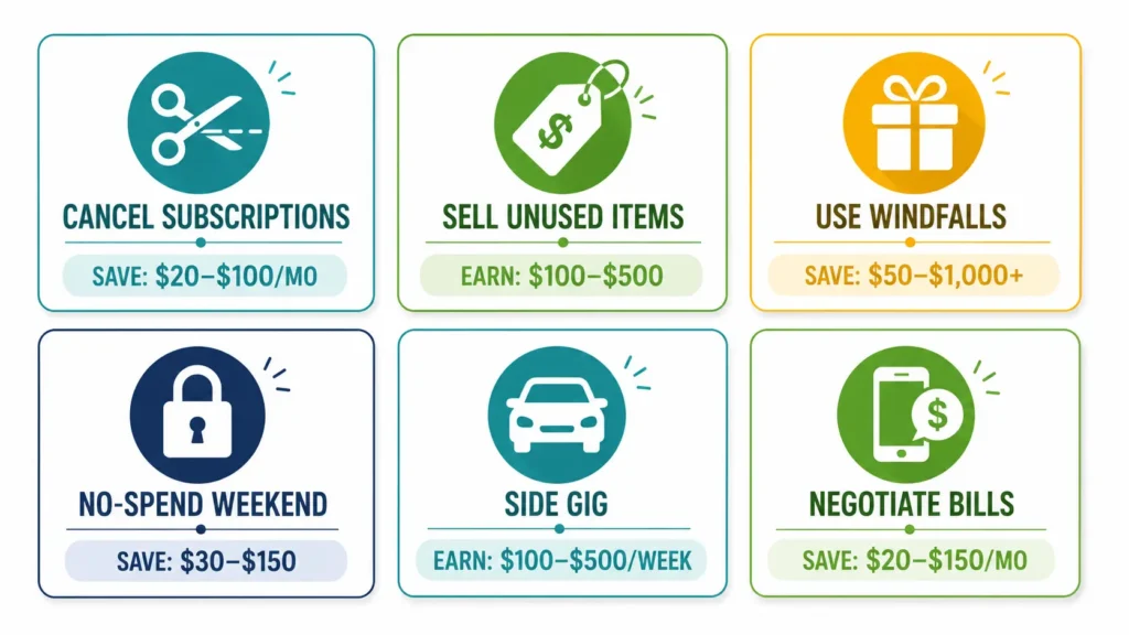 Six ways to find extra money to build an emergency fund fast — cancel subscriptions sell items windfall no-spend gig work negotiate bills