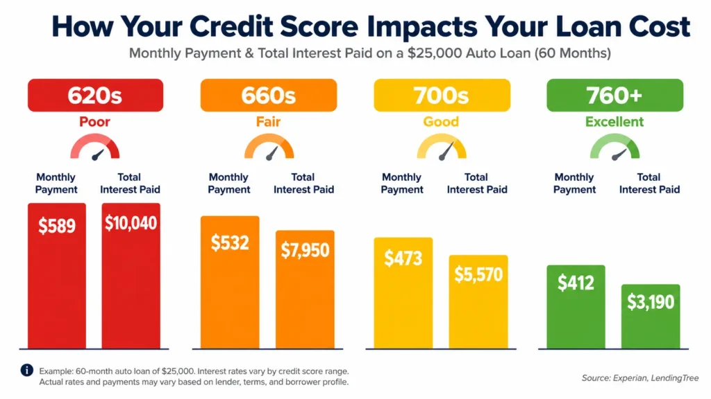 How to improve credit score to buy a house — grouped bar chart comparing mortgage rates and payments by credit score range from 620 to 760 in 2026