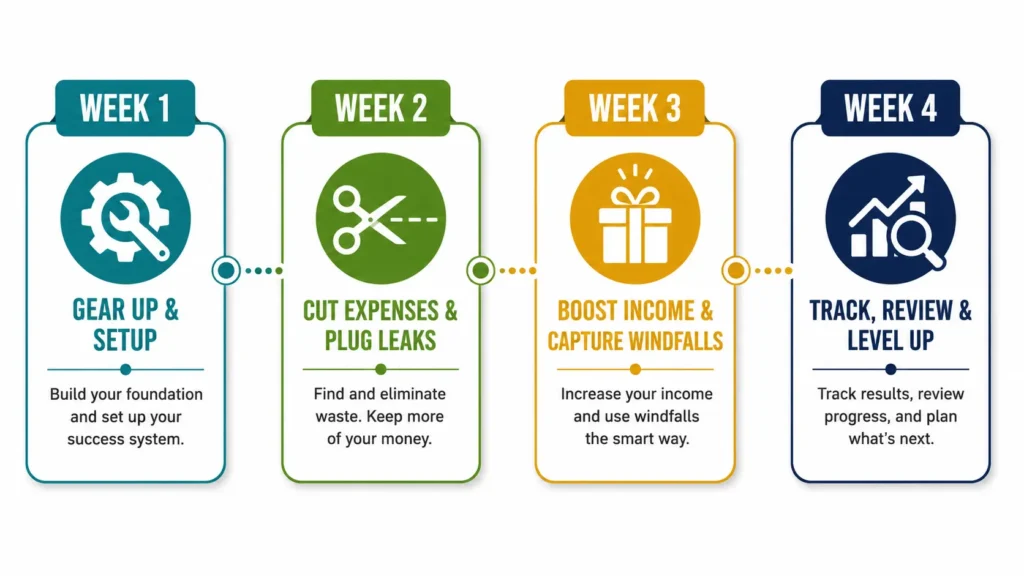 How to build an emergency fund fast — 4-week starter plan infographic showing setup automation windfall and review steps