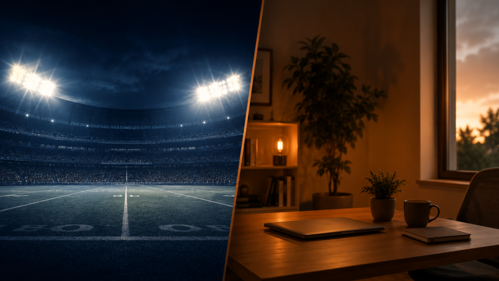 A split-screen image contrasting a massive, brightly lit football stadium at night on the left with a quiet, dimly lit home office desk featuring a closed laptop and a coffee mug at sunset on the right, illustrating the calm shift in daily life for an athlete like Aaron Rodgers post retirement.