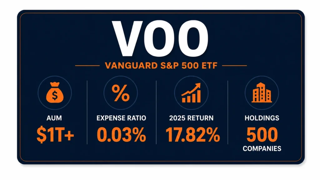 What is the best ETF — VOO Vanguard S&P 500 stats card showing one trillion AUM 0.03 expense ratio and 17.82 percent 2025 return for beginners