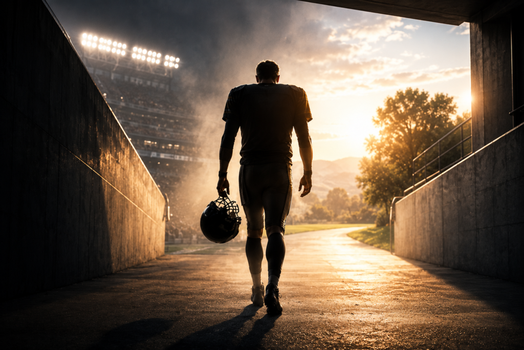 An American football player viewed from behind walks out of a dark stadium tunnel toward a bright, scenic sunset, carrying his helmet in hand, symbolizing the dramatic lifestyle transition faced by elite quarterbacks like Aaron Rodgers post retirement.