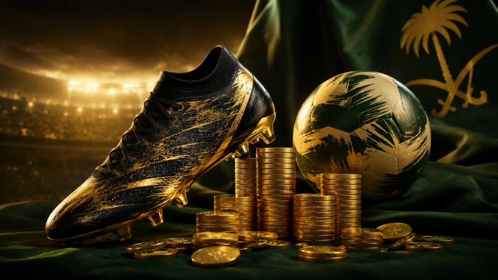 Illustration symbolizing a footballer's high salary with a boot and gold coins.