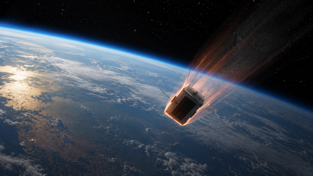 Illustration of a SpaceX Starlink satellite deorbit as it descends into Earth's atmosphere.